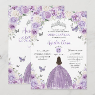 Lila Weiß Floral Prinzessin Quinceañera XV 16 Einladung