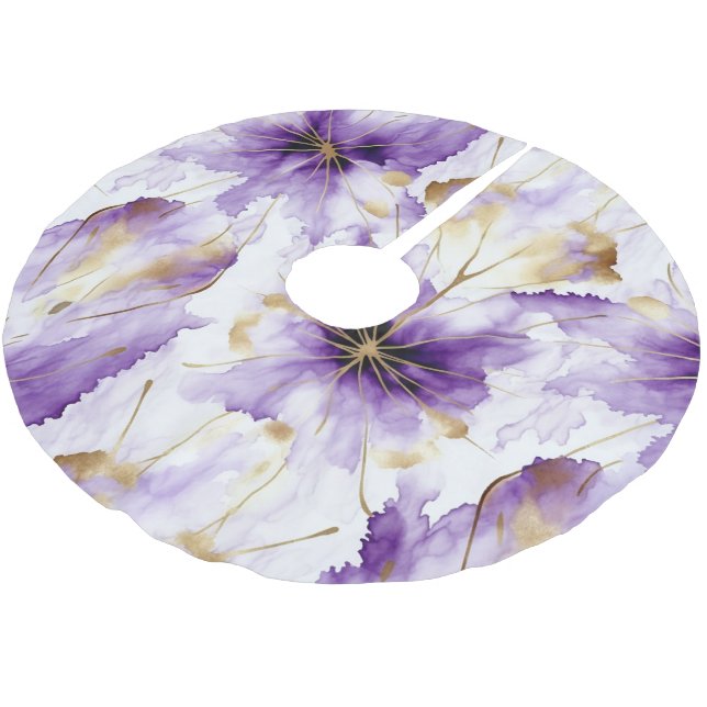 Lila Weiß Gold Abstrakt Iris Blumen Polyester Weihnachtsbaumdecke (Schrägansicht)