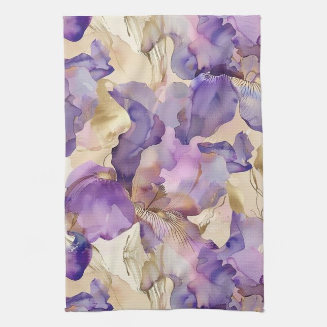 Lila Weiß Gold Iris Blumen Abstract Geschirrtuch (Vertikal)