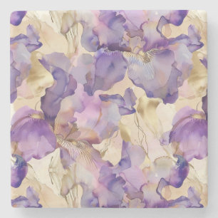 Lila Weiß Gold Iris Blumen Abstract Steinuntersetzer