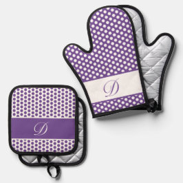 Lila-weiß-Mit Monogramm-Polka-Dot Ofenhandschuh & Topflappen-Set