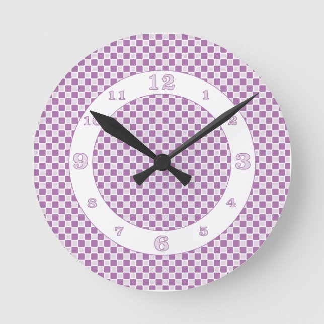 Lila/weiß monochromatische Karo Runde Wanduhr (Vorderseite)