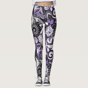 Lila Weiß Schwarz Paisley Druck Muster Leggings