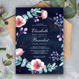 Lila Weiße Anemonen Eukalyptus Marineblau Hochzeit Einladung