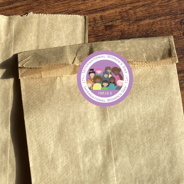 Lila weiße Aufkleber zum Internationalen Frauentag (International Women's Day purple and white round sticker .)