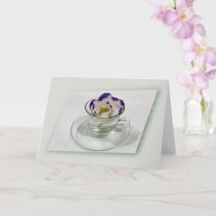 Lila weiße Blume in einer Tasse Karte