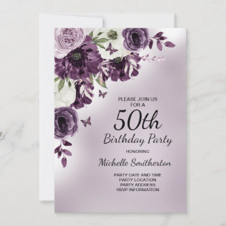 Lila weiße Blume Schmetterlinge 50. Geburtstag Einladung