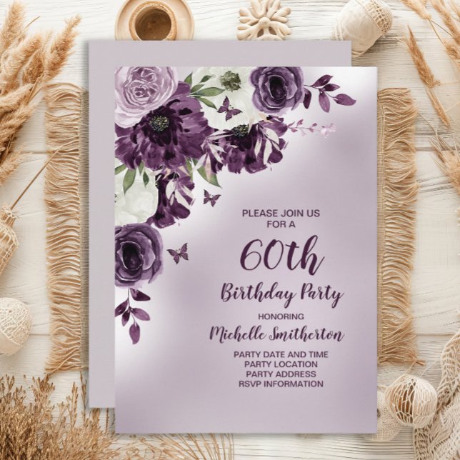 Lila weiße Blume Schmetterlinge 60. Geburtstag Einladung (Purple and white watercolor floral and butterflies women's 60th birthday party invitation)