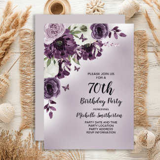 Lila weiße Blume Schmetterlinge 70. Geburtstag Einladung