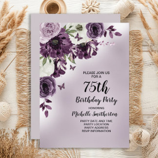 Lila weiße Blume Schmetterlinge 75. Geburtstag Einladung
