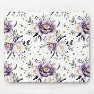 Lila Weiße Blumen Goldene Sterne Mousepad