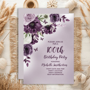 Lila Weiße Blumen Schmetterlinge 100. Geburtstag Einladung