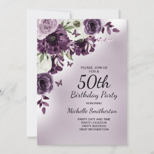 Lila Weiße Blumen Schmetterlinge 50. Geburtstag Einladung
