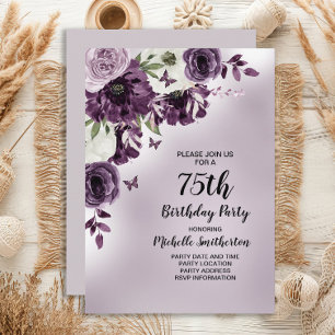 Lila Weiße Blumen Schmetterlinge 75. Geburtstag Einladung