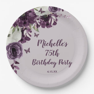 Lila Weiße Blumen Schmetterlinge 75. Geburtstag Pappteller