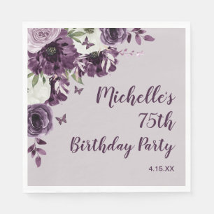Lila Weiße Blumen Schmetterlinge 75. Geburtstag Serviette