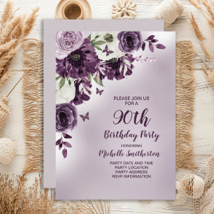 Lila Weiße Blumen Schmetterlinge 90. Geburtstag Einladung