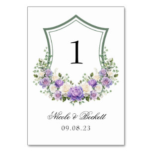 Lila Weiße Blumenförmiges Wappen Hochzeit Tischnummer