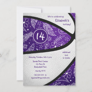 lila weiße Boho-Sport Mädchen Basketball-Party Einladung