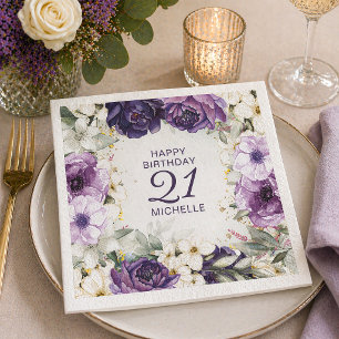 Lila Weiße Florale Alles Gute zum Geburtstag Name  Serviette