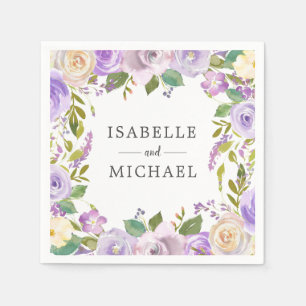 Lila-weiße florale Monogramm-Name Hochzeit Serviette
