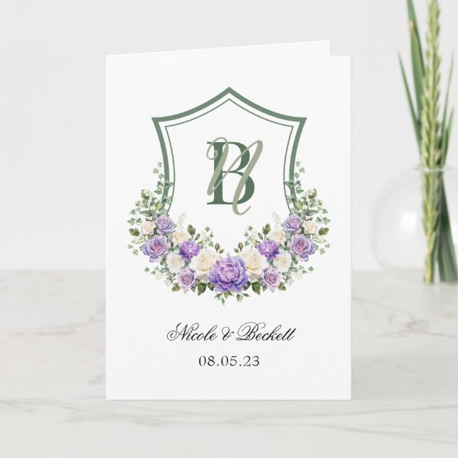 Lila Weiße Florale Wappen Hochzeitsprogramm Programm (Vorderseite)