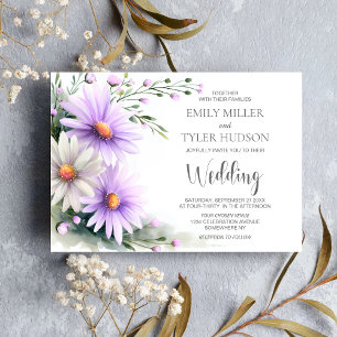 Lila-weiße Gänseblümchen-Hochzeit Einladung