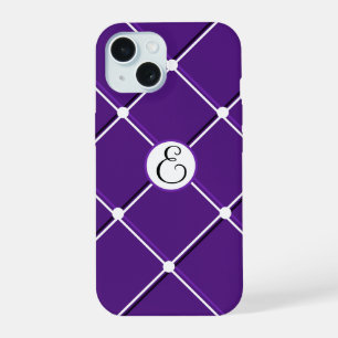 Lila-weiße gestreifte Design-Fancy-E-Initiale iPhone 15 Hülle