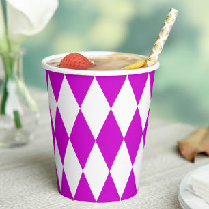 Lila Weiße Harlekin-Diamanten-Schachbrett-Design Pappbecher