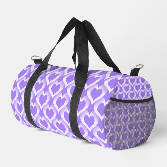 Lila Weiße Herzen Muster Duffle Bag (Rechte Ecke)