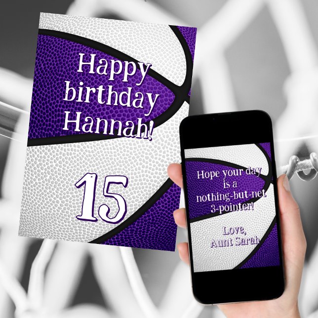 Lila weiße Mannschaft färbt Mädchen zum Basketball Karte (front of card (printed), back of card (downloaded))