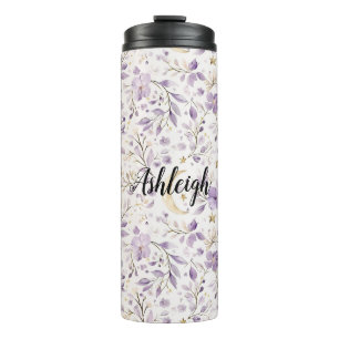 Lila Weiße Monde & Sterne Floral Thermosbecher