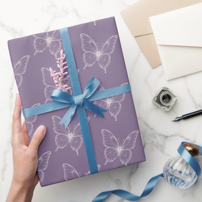 Lila Weiße Schmetterlinge Geburtstag Geschenkpapier (Schenken)