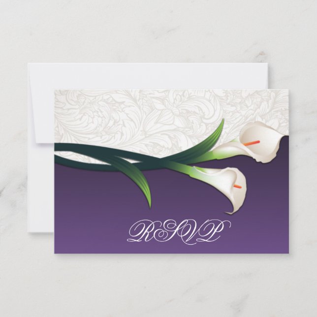 Lila, weiße Silber Calla Lily Wedding RSVP Cards (Vorderseite)