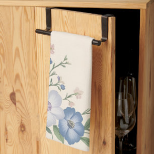 Lila, weiße und blaue Blumenschrift Geschirrtuch