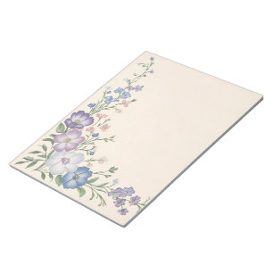 Lila, weiße und blaue Blumenschrift Notizblock