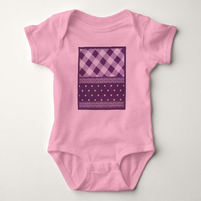 Lila weißer Karrer Polka Dock Damaskus Kunst Baby Strampler (Vorderseite)