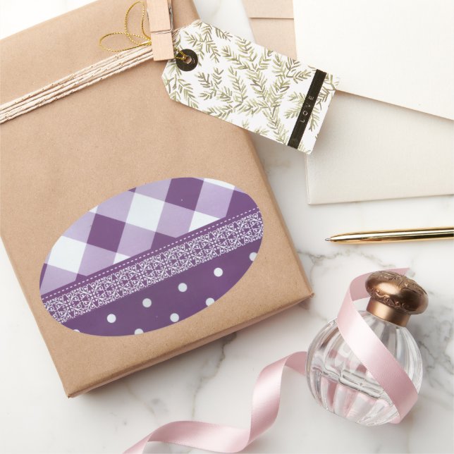 Lila weißer Karrer Polka Dock Damaskus Kunst Ovaler Aufkleber (Schenken)