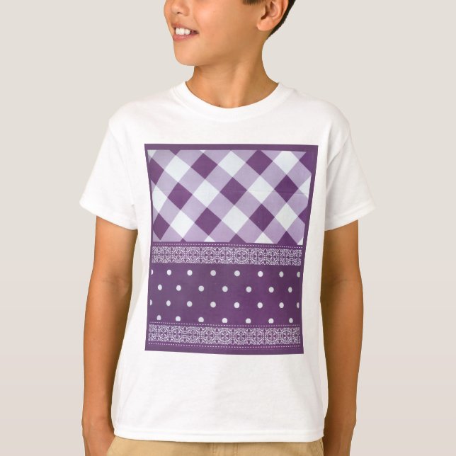 Lila weißer Karrer Polka Dock Damaskus Kunst T-Shirt (Vorderseite)