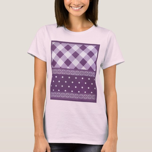 Lila weißer Karrer Polka Dock Damaskus Kunst T-Shirt (Vorderseite)