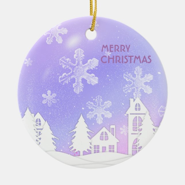 Lila weißer Kristallball Durchsichtige Schneeflock Keramik Ornament (Vorne)