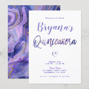 Lila weißer Marmor Chic Glam 15 Quinceañera Einladung