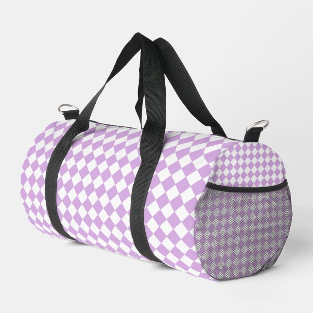Lila weißes Schachbrett Diamantmuster Duffle Bag (Rechte Ecke)