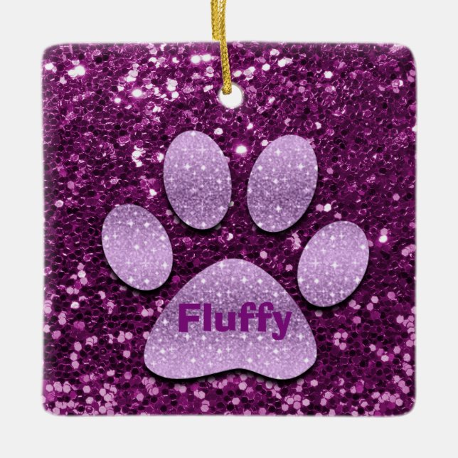 Lila Welpe Paw Lila Imitate Glitzer Keramikornament (Vorderseite)