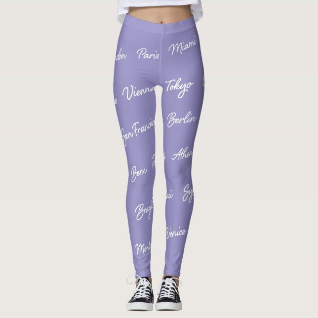 Lila Weltstädte, Text modern Leggings (Vorderseite)