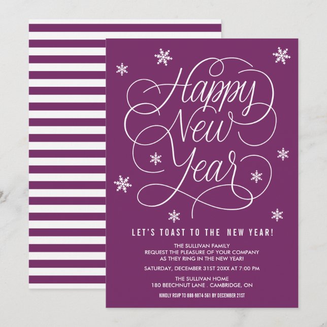 Lila Whimsical Silvester Party Einladung (Vorne/Hinten)