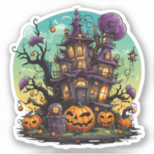 Lila Whimsisches Halloween-Haus Aufkleber