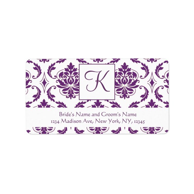 Lila White Damask Monogram Wedding Address Label Adressaufkleber (Vorne)