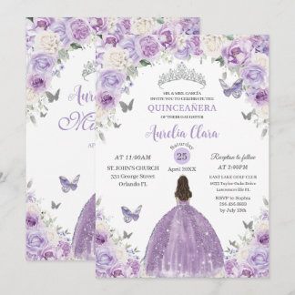 Lila White Floral Princess Quinceañera XV 16 Einladung