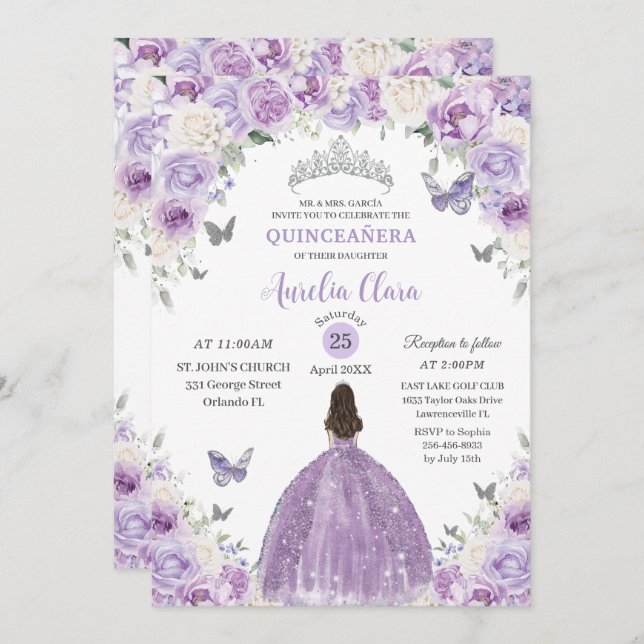 Lila White Floral Princess Quinceañera XV 16 Einladung (Vorne/Hinten)